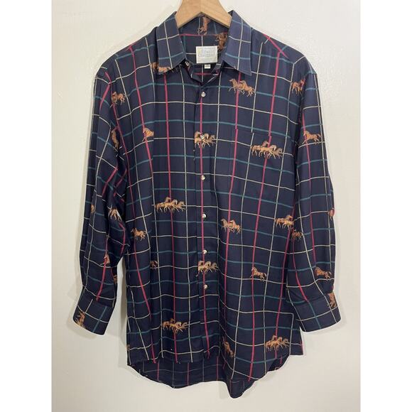 Vtg Equestrian Horses Window Pane Plaid Old Money Luxe Preppy Shirt M Academia - Picture 1 of 11